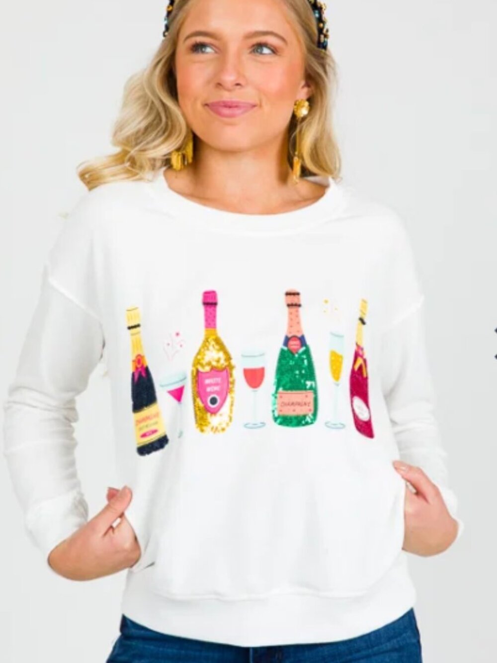 Why Dress Womens M White Sweatshirt Featuring Sequin Champagne & Wine Bottles
